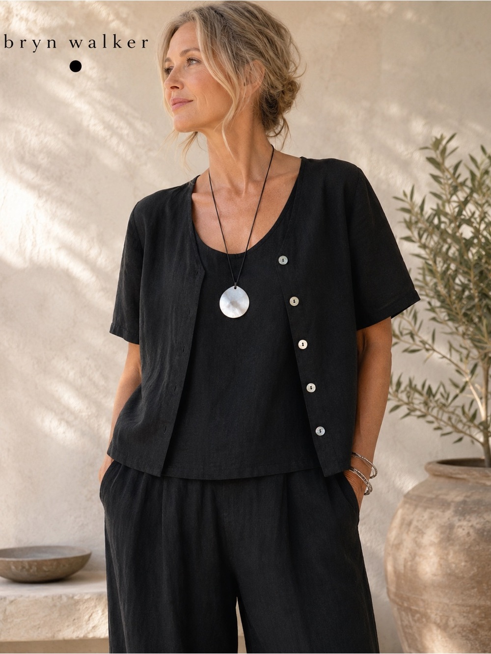 Bryn Walker 100% Linen 2 Piece Matching Set Small Black Layering Tank & Button S
